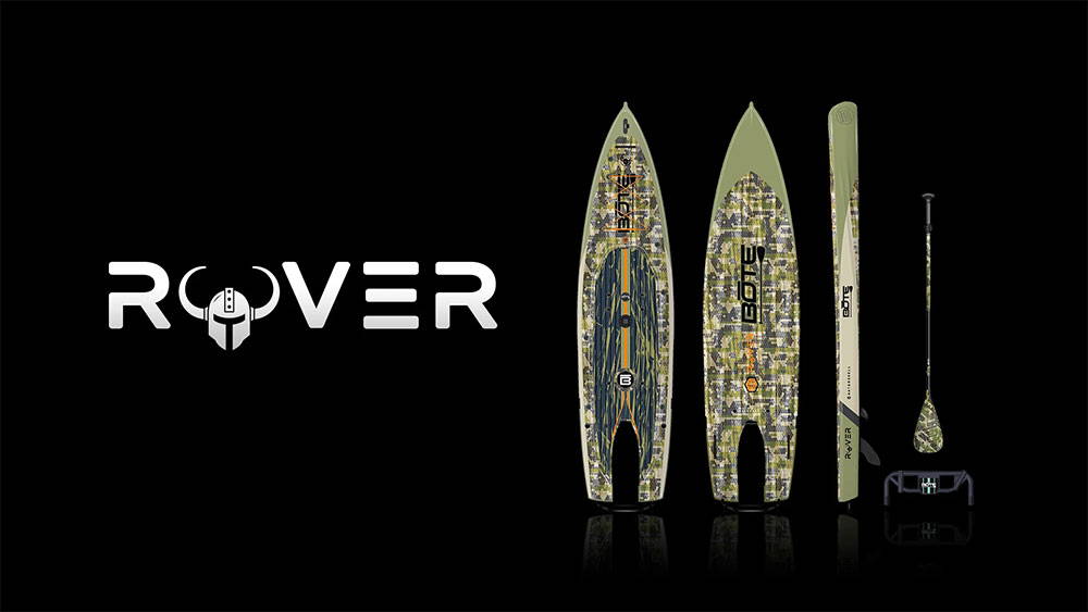 Rover inflatable paddle board kit displayed with camo-pattern board, paddle, pump, and carry bag on a black background.