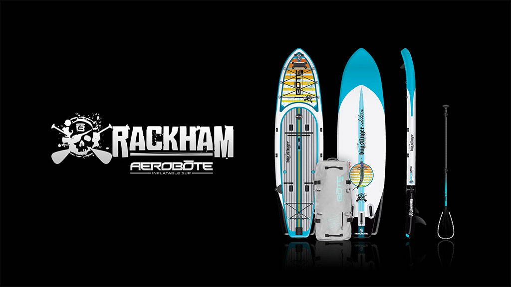 Rackham Aero inflatable paddle board kit displayed with board, paddle, pump, and carry bag on a black background.