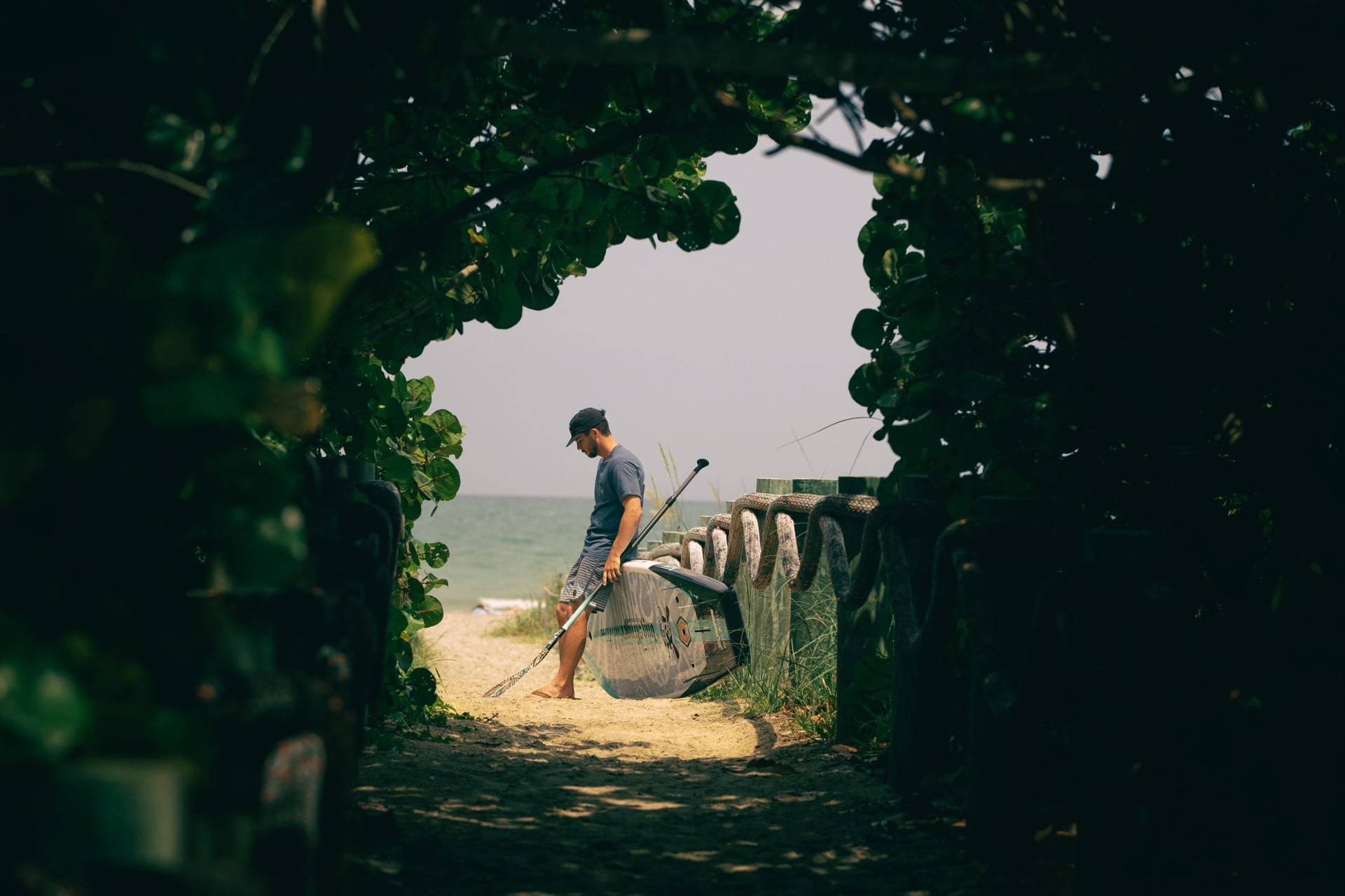 Man carrying a paddle board through a leafy beach path toward the ocean.
