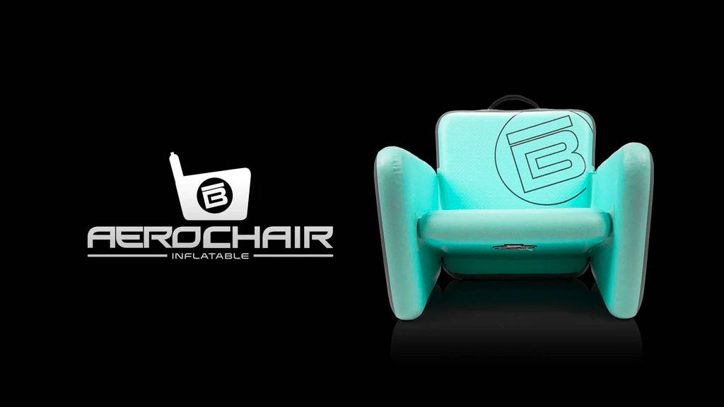 Teal inflatable chair shown as a product graphic with text reading “AeroChair Inflatable” on a black background.