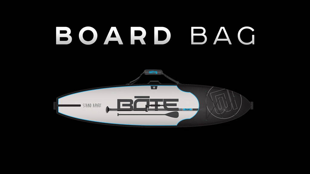 Paddle board travel bag shown from above with text reading “Board Bag” on a black background.