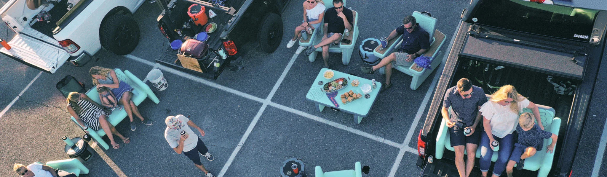 Overhead view of people hanging out on BOTE tailgating products