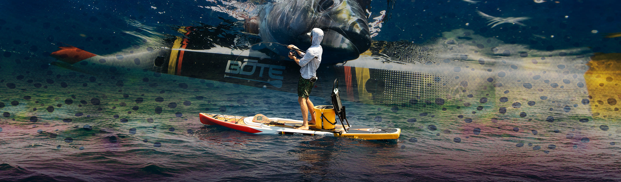 A person fishing on a Fischer Cutthroat paddle board