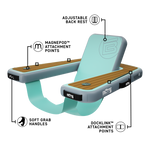 Angled view of a turquoise Hangout Chair showing labeled features and wood-style armrests.