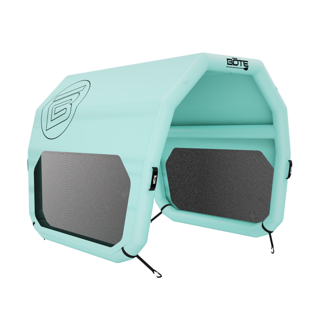 Turquoise inflatable shade tent with gray mesh panels on a white background with black BOTE logo