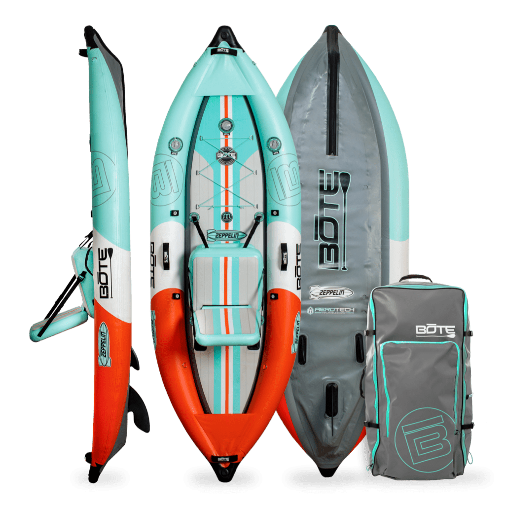 Front, side, back view of the Zeppelin Aero Kayak in Classic Seafoam with Bag.