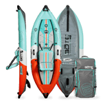 Front, side, back view of the Zeppelin Aero Kayak in Classic Seafoam with Bag.