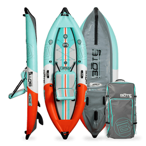 Front, side, back view of the Zeppelin Aero Kayak in Classic Seafoam with Bag.