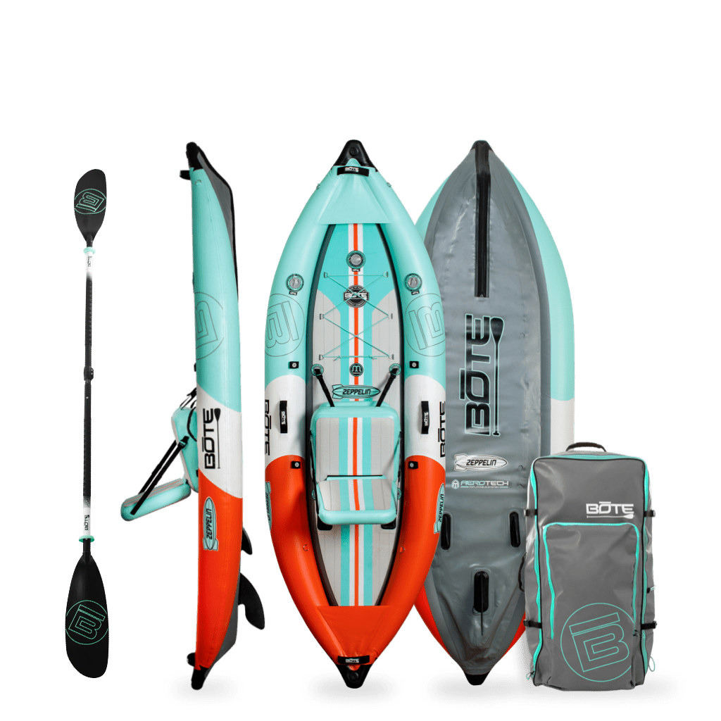 Zeppelin Aero 10' Classic Seafoam Inflatable Kayak shown with bag, paddle, and seat.