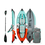 Zeppelin Aero 10' Classic Seafoam Inflatable Kayak shown with bag, paddle, and seat.