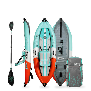 Zeppelin Aero 10' Classic Seafoam Inflatable Kayak shown with bag, paddle, and seat.