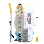 Top, side, and bottom view of the WULF Aero 10'4" Native Coral Inflatable Paddle Board with travel bag, paddle, and leash