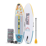 Angled view of the WULF Aero 10'4" Native Coral Inflatable Paddle Board with travel bag, leash, and paddle