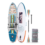 Angled view of EasyRider Aero 10'4" board with striped seat, bag, and paddle.