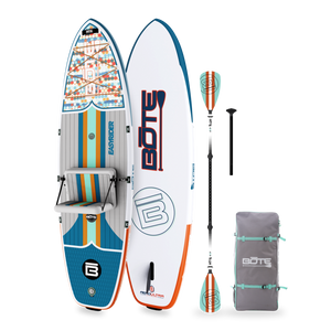 Angled view of EasyRider Aero 10'4" board with striped seat, bag, and paddle.