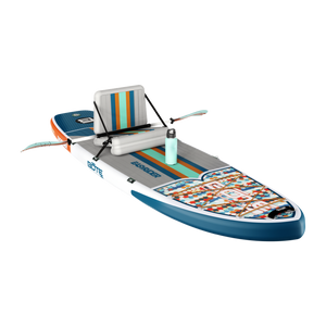 EasyRider Aero 10'4" shown in rowing setup with striped seat and dual oars.