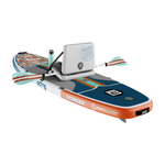 Rear angled view of EasyRider Aero 10'4" in row mode with striped seat and bottle on deck.