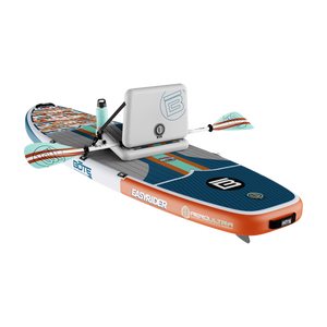 Rear angled view of EasyRider Aero 10'4" in row mode with striped seat and bottle on deck.