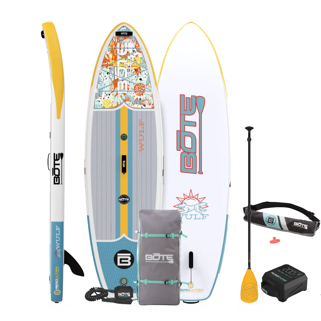 Top, side, and bottom view of the WULF Aero 10'4" Native Coral Inflatable Paddle Board with travel bag, paddle, leash, PFD Belt, and pump.