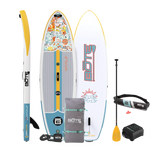 Top, side, and bottom view of the WULF Aero 10'4" Native Coral Inflatable Paddle Board with travel bag, paddle, leash, PFD Belt, and pump.