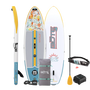 Top, side, and bottom view of the WULF Aero 10'4" Native Coral Inflatable Paddle Board with travel bag, paddle, leash, PFD Belt, and pump.