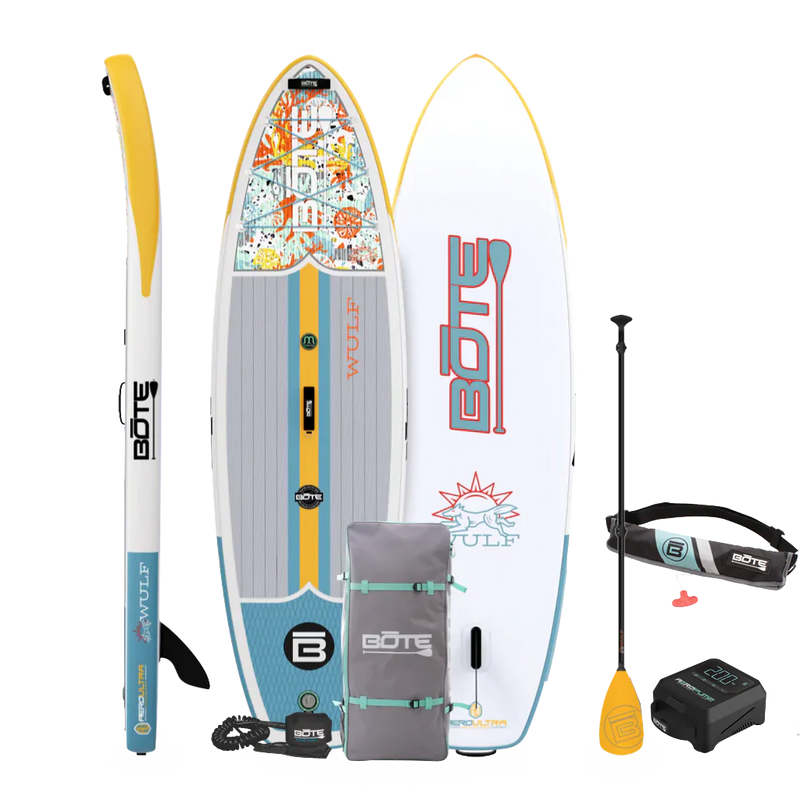 Top, side, and bottom view of the WULF Aero 10'4" Native Coral Inflatable Paddle Board with travel bag, paddle, leash, PFD Belt, and pump.