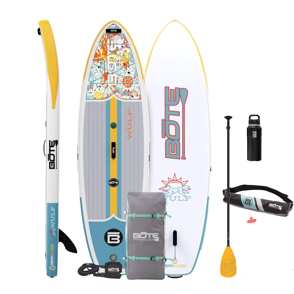Top, side, and bottom view of the WULF Aero 10'4" Native Coral Inflatable Paddle Board with travel bag, paddle, leash, PFD Belt, bottle, and pump.