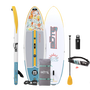 Top, side, and bottom view of the WULF Aero 10'4" Native Coral Inflatable Paddle Board with travel bag, paddle, leash, PFD Belt, bottle, and pump.