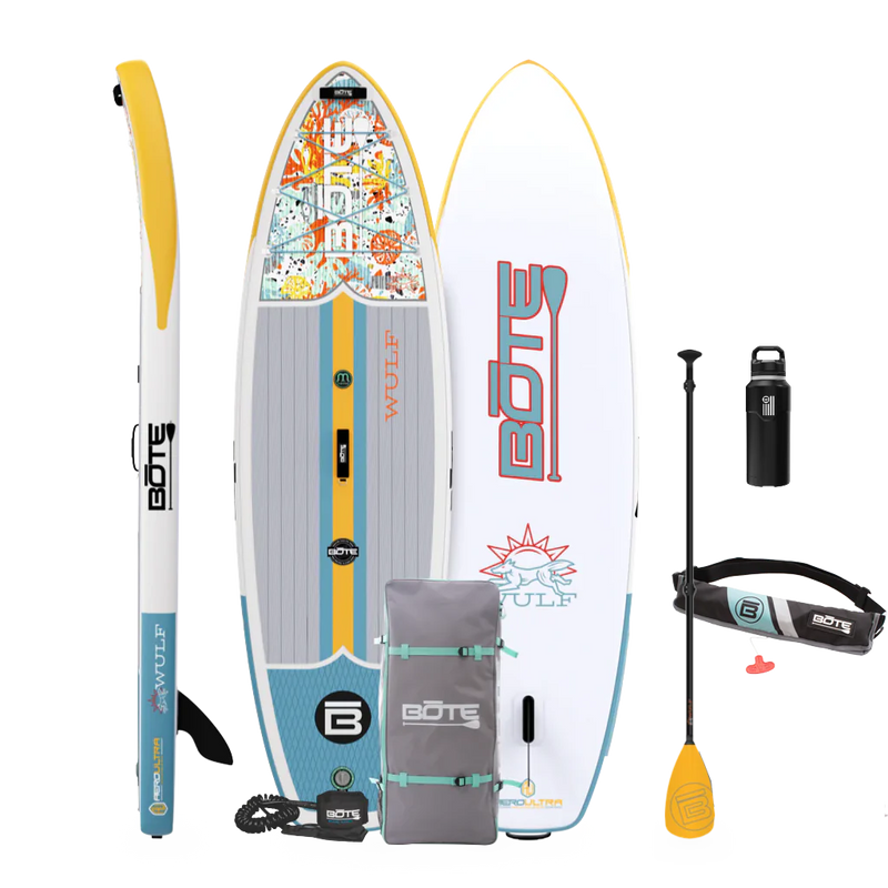 Top, side, and bottom view of the WULF Aero 10'4" Native Coral Inflatable Paddle Board with travel bag, paddle, leash, PFD Belt, bottle, and pump.