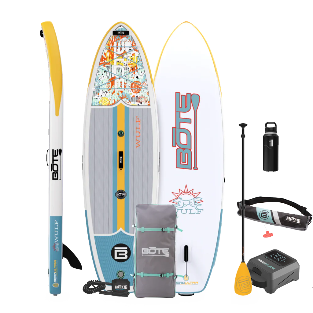 Top, side, and bottom view of the WULF Aero 10'4" Native Coral Inflatable Paddle Board with travel bag, paddle, leash, PFD Belt, bottle, and pump.