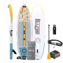 Top, side, and bottom view of the WULF Aero 10'4" Native Coral Inflatable Paddle Board with travel bag, paddle, leash, PFD Belt, bottle, and pump.