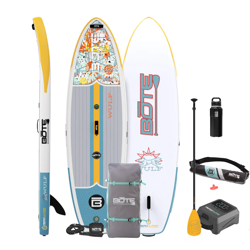 Top, side, and bottom view of the WULF Aero 10'4" Native Coral Inflatable Paddle Board with travel bag, paddle, leash, PFD Belt, bottle, and pump.