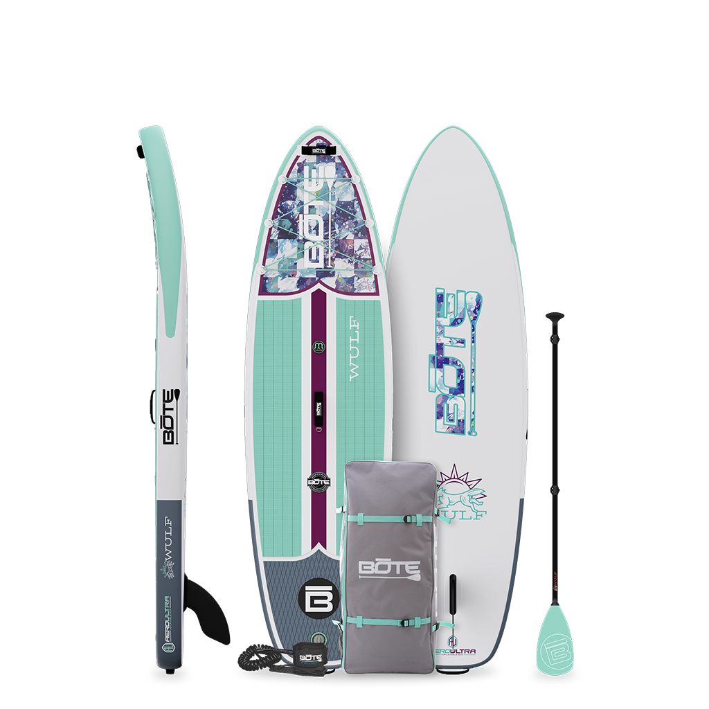 Top, side and bottom view of the WULF Aero Native Glacier Inflatable paddle board with bag, leash and paddle