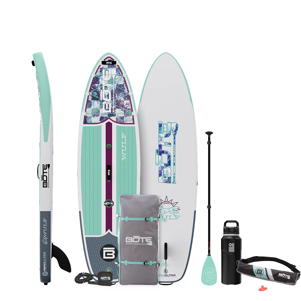 WULF Aero Package in Native Glacier with paddle, fin, bag, leash, bottle, and strap.