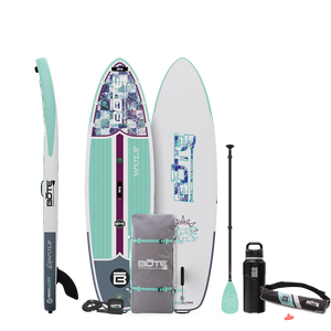 WULF Aero Package in Native Glacier with paddle, fin, bag, leash, bottle, and strap.