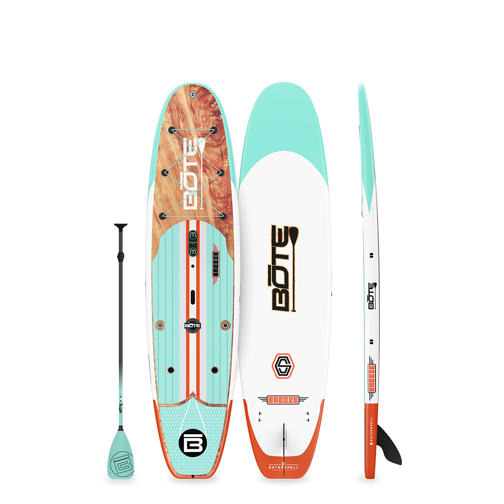 Breeze Gatorshell paddleboard in Classic colorway shown from top, bottom, and side with paddle.