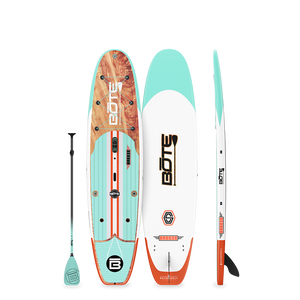 Breeze Gatorshell paddleboard in Classic colorway shown from top, bottom, and side with paddle.