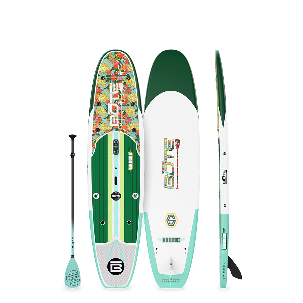 Breeze Gatorshell paddleboard in Native Begonia colorway shown from top, bottom, and side with paddle.