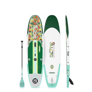 Breeze Gatorshell paddleboard in Native Begonia colorway shown from top, bottom, and side with paddle.