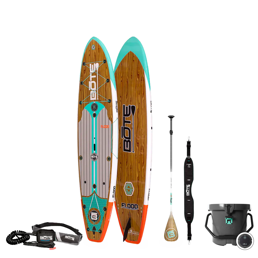 Top and bottom view of the Flood 10′6″ Classic Cypress Paddle Board Essentials Package with accessories