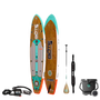 Top and bottom view of the Flood 10′6″ Classic Cypress Paddle Board Essentials Package with accessories