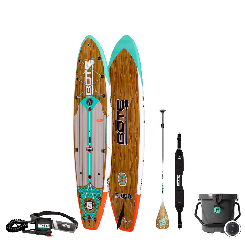 Top and bottom view of the Flood 10′6″ Classic Cypress Paddle Board Essentials Package with accessories