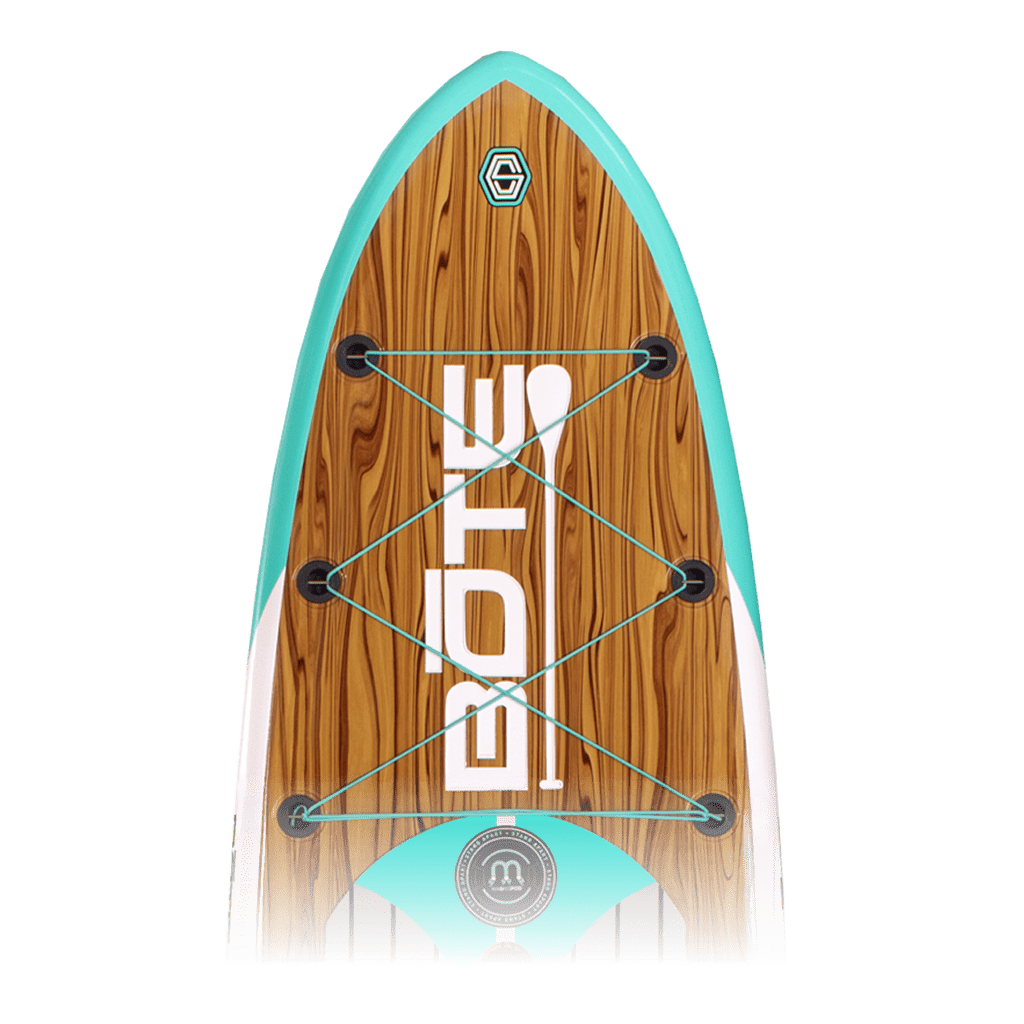 Top view of Flood 10'6" Classic Cypress board with woodgrain deck and front bungees.