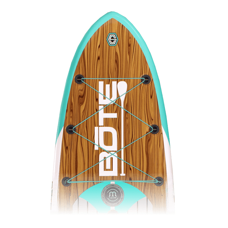 Top view of Flood 10'6" Classic Cypress board with woodgrain deck and front bungees.