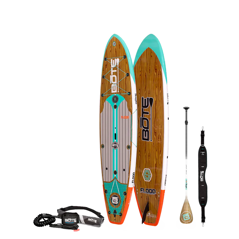 Angled view of the of Flood 10'6" Classic Cypress Paddle Board Essentials Package