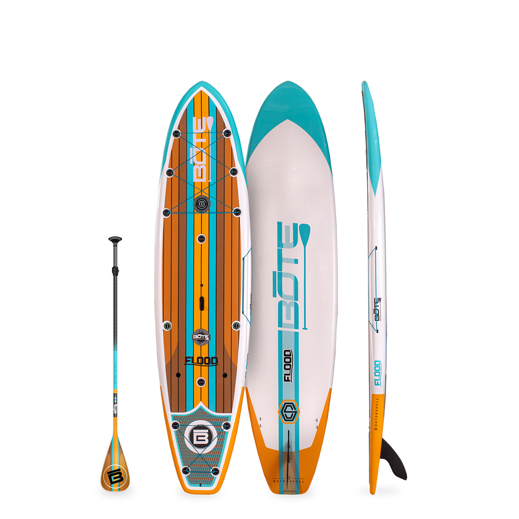 Front, Side, and Back of Flood 10'6" Full Trax Ochre Paddle Board