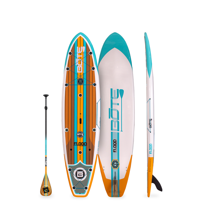 Front, Side, and Back of Flood 10'6" Full Trax Ochre Paddle Board