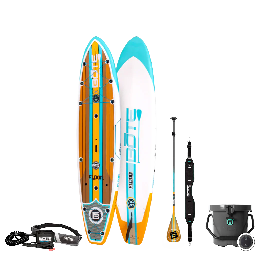 Top and bottom view of the Flood 10′6″ Full Trax Ochre Paddle Board Essentials Package with accessories