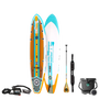 Top and bottom view of the Flood 10′6″ Full Trax Ochre Paddle Board Essentials Package with accessories