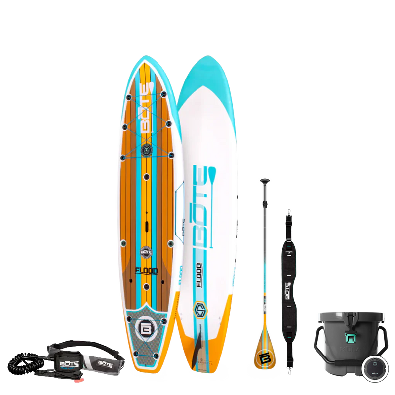 Top and bottom view of the Flood 10′6″ Full Trax Ochre Paddle Board Essentials Package with accessories
